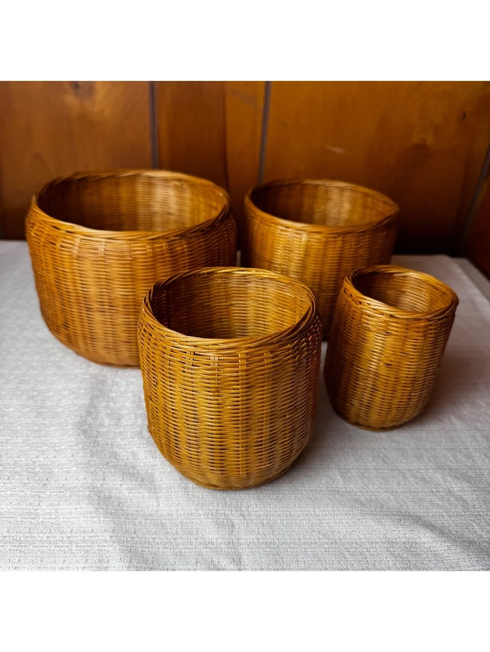 Set of 4 Nesting Wicker Baskets Small Round Woven Rattan Boho Home Decor
